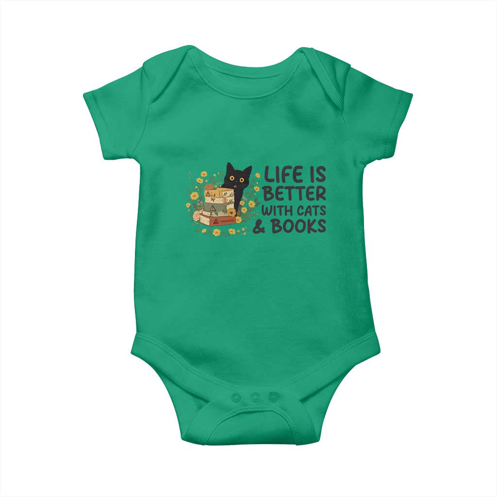 Life Is Better With Cats And Books Baby Onesie Funny Black Cat Book Lover TS12 Irish Green Print Your Wear