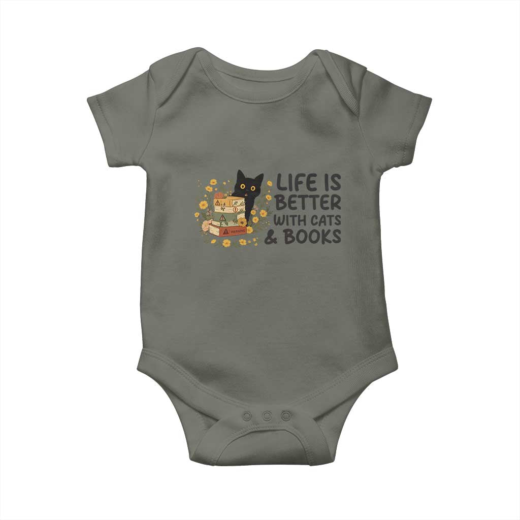 Life Is Better With Cats And Books Baby Onesie Funny Black Cat Book Lover TS12 Military Green Print Your Wear