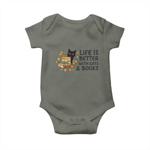Life Is Better With Cats And Books Baby Onesie Funny Black Cat Book Lover TS12 Military Green Print Your Wear