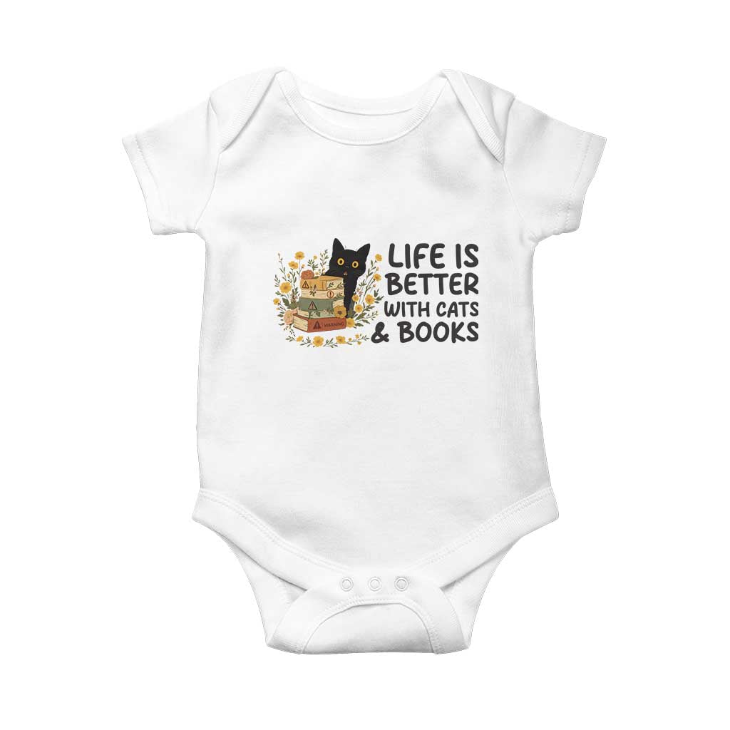 Life Is Better With Cats And Books Baby Onesie Funny Black Cat Book Lover TS12 White Print Your Wear