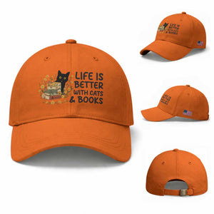 Life Is Better With Cats And Books Baseball Cap Funny Black Cat Book Lover TS12 Baseball Cap Universal Fit Orange Print Your Wear