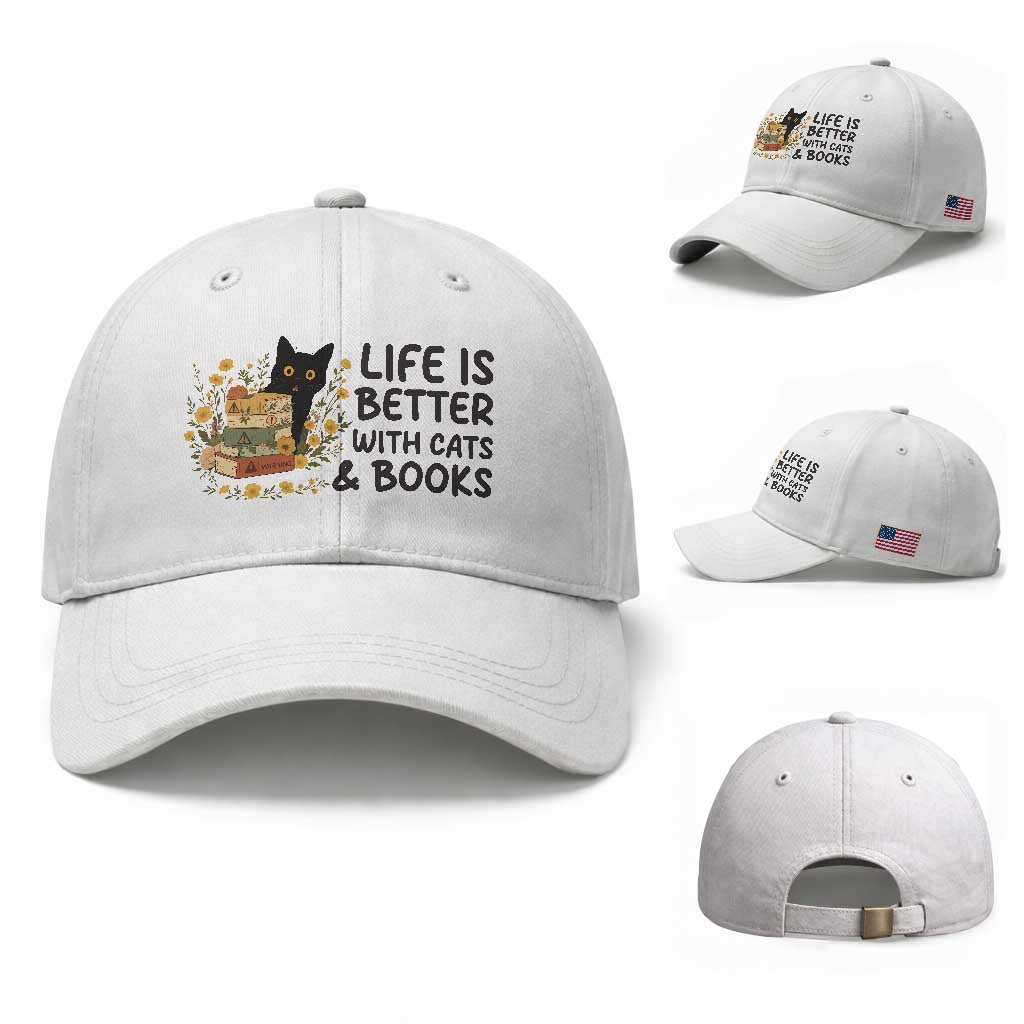 Life Is Better With Cats And Books Baseball Cap Funny Black Cat Book Lover TS12 Baseball Cap Universal Fit White Print Your Wear