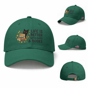 Life Is Better With Cats And Books Baseball Cap Funny Black Cat Book Lover TS12 Baseball Cap Universal Fit Irish Green Print Your Wear