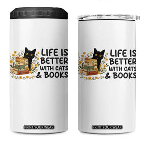 Life Is Better With Cats And Books 4 in 1 Can Cooler Tumbler Funny Black Cat Book Lover TS12 One Size: 16 oz White Print Your Wear