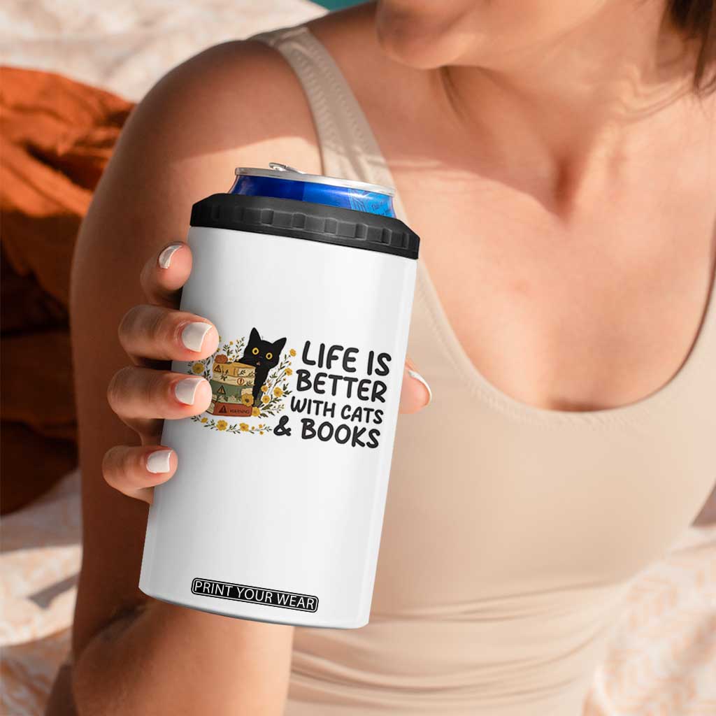 Life Is Better With Cats And Books 4 in 1 Can Cooler Tumbler Funny Black Cat Book Lover TS12 Print Your Wear