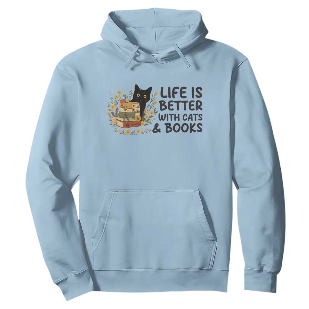 Life Is Better With Cats And Books Hoodie Funny Black Cat Book Lover TS12 Light Blue Print Your Wear