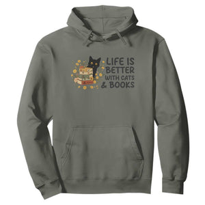 Life Is Better With Cats And Books Hoodie Funny Black Cat Book Lover TS12 Military Green Print Your Wear
