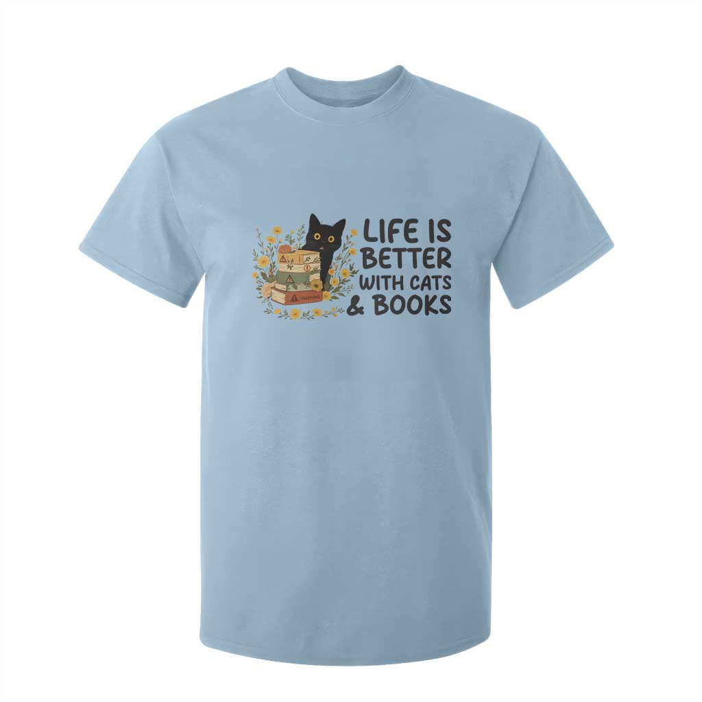 Life Is Better With Cats And Books T Shirt For Kid Funny Black Cat Book Lover TS12 Light Blue Print Your Wear