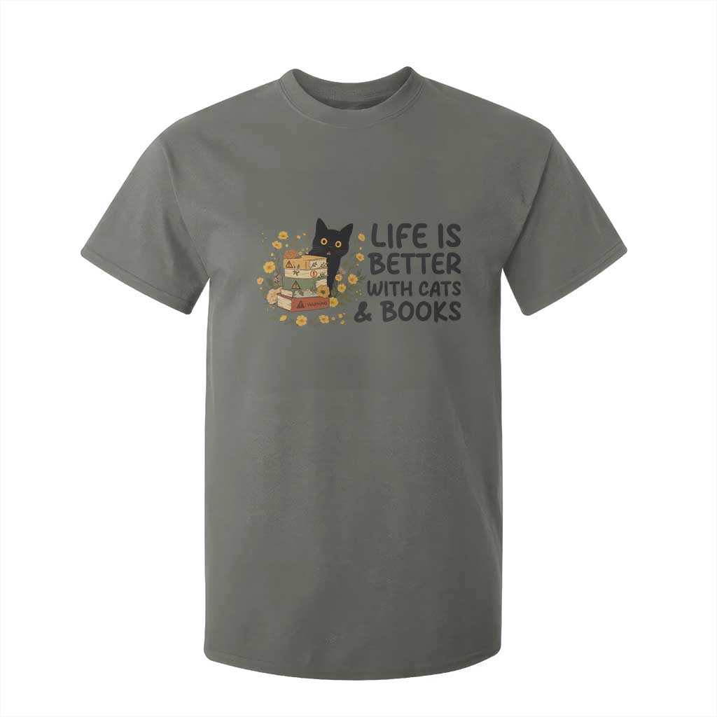 Life Is Better With Cats And Books T Shirt For Kid Funny Black Cat Book Lover TS12 Military Green Print Your Wear
