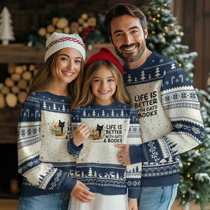 Life Is Better With Cats And Books Ugly Christmas Sweater Funny Black Cat Book Lover TS12 Beige Navy Print Your Wear