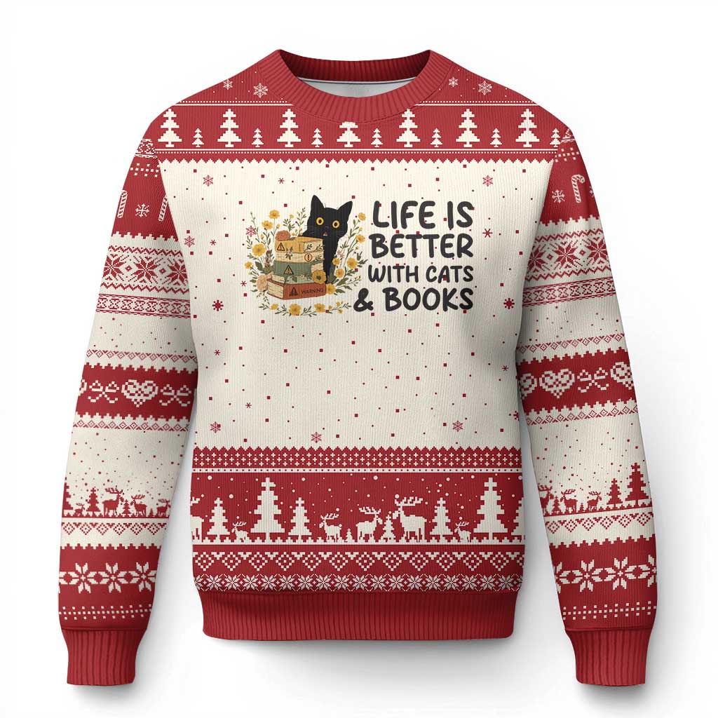 Life Is Better With Cats And Books Ugly Christmas Sweater Funny Black Cat Book Lover TS12 Beige Red Print Your Wear
