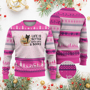 Life Is Better With Cats And Books Ugly Christmas Sweater Funny Black Cat Book Lover TS12 Hot Pink Print Your Wear