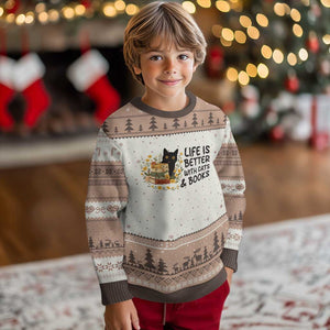 Life Is Better With Cats And Books Ugly Christmas Sweater Funny Black Cat Book Lover TS12 Mocha Mousse Print Your Wear
