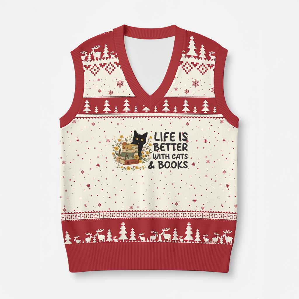 Life Is Better With Cats And Books V-Neck Knit Sweater Vest Funny Black Cat Book Lover TS12 Beige Red Print Your Wear