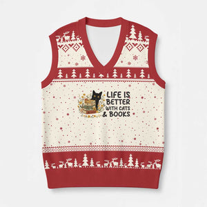 Life Is Better With Cats And Books V-Neck Knit Sweater Vest Funny Black Cat Book Lover TS12 Beige Red Print Your Wear