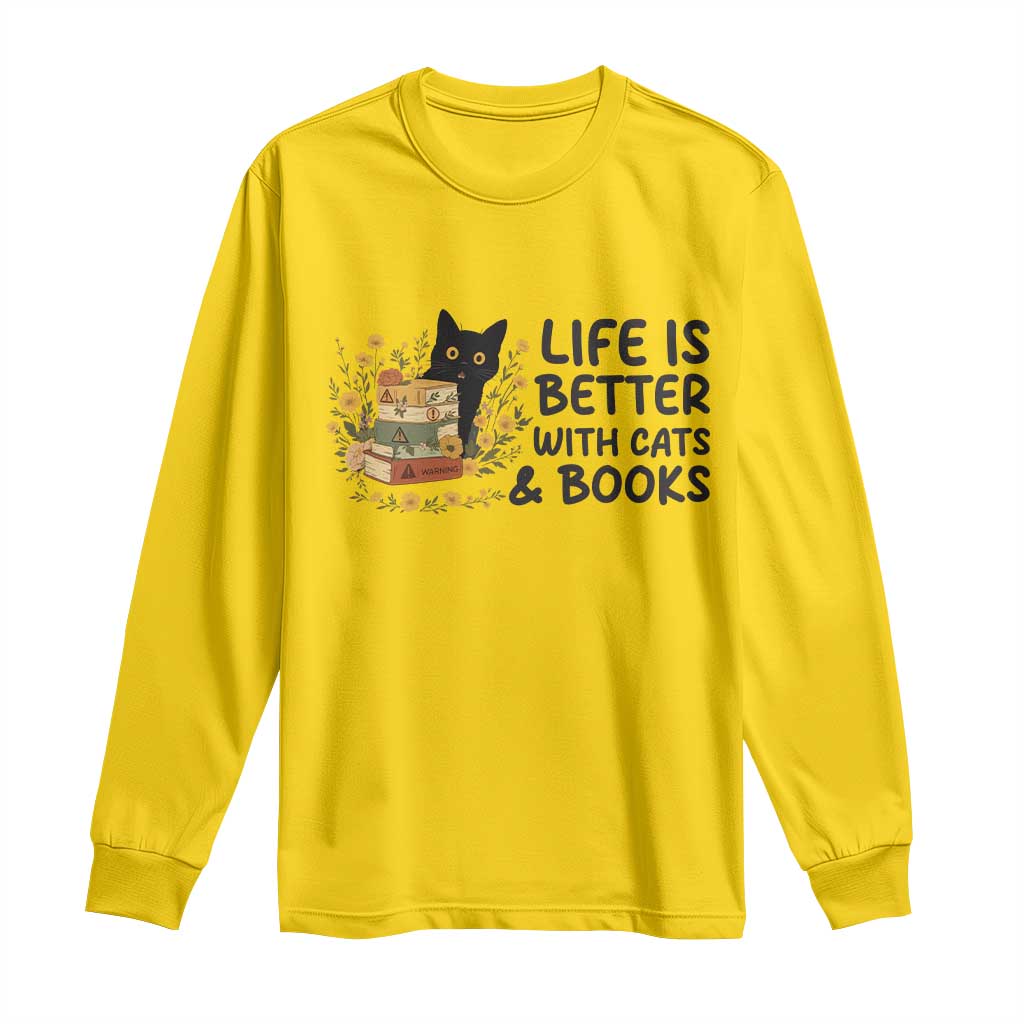 Life Is Better With Cats And Books Long Sleeve Shirt Funny Black Cat Book Lover TS12 Daisy Print Your Wear