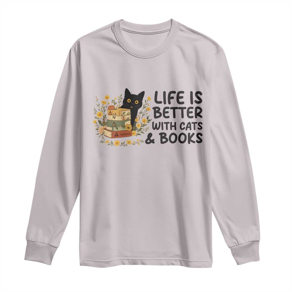 Life Is Better With Cats And Books Long Sleeve Shirt Funny Black Cat Book Lover TS12 Ice Gray Print Your Wear