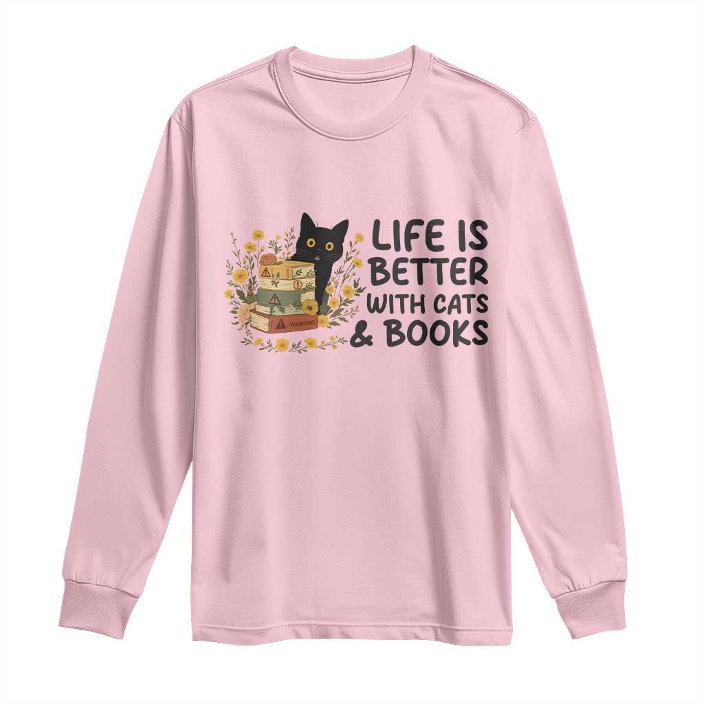Life Is Better With Cats And Books Long Sleeve Shirt Funny Black Cat Book Lover TS12 Light Pink Print Your Wear