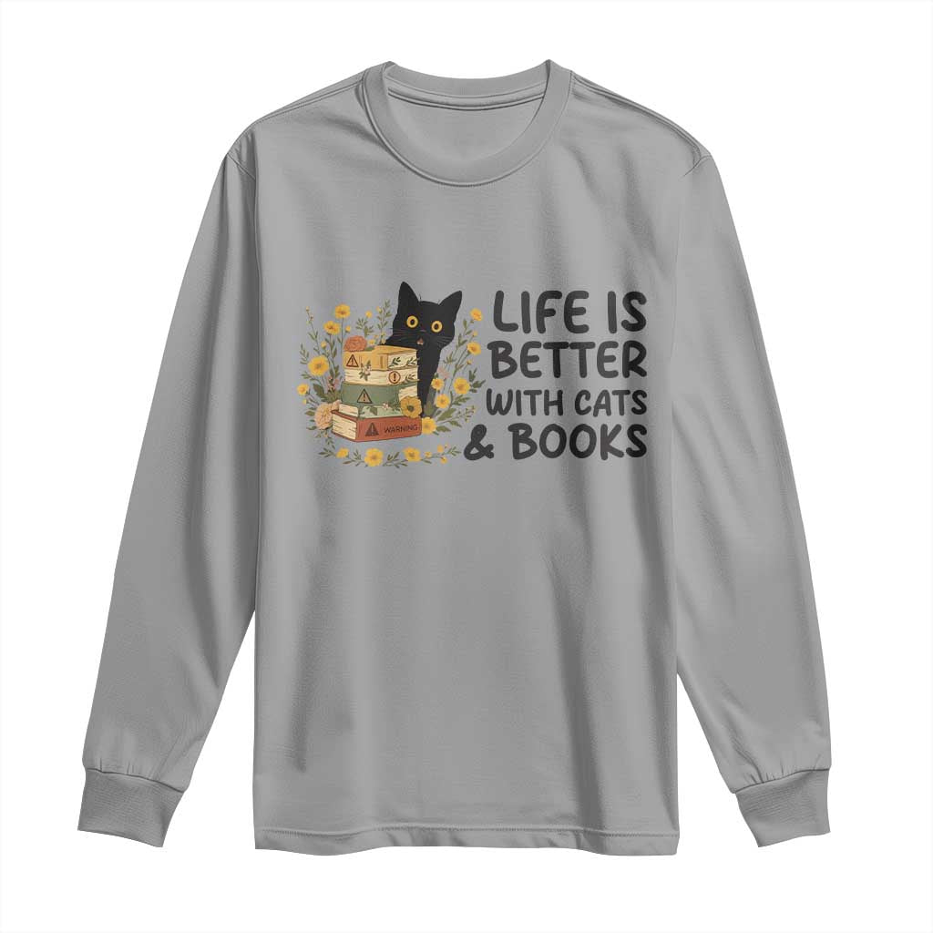 Life Is Better With Cats And Books Long Sleeve Shirt Funny Black Cat Book Lover TS12 Sport Gray Print Your Wear
