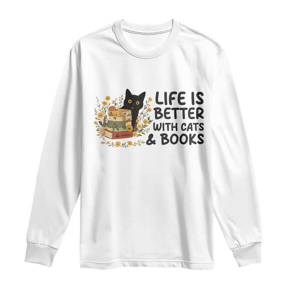 Life Is Better With Cats And Books Long Sleeve Shirt Funny Black Cat Book Lover TS12 White Print Your Wear