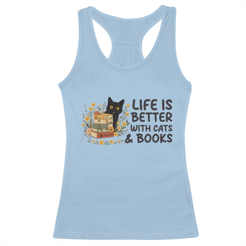 Life Is Better With Cats And Books Racerback Tank Top Funny Black Cat Book Lover TS12 Light Blue Print Your Wear