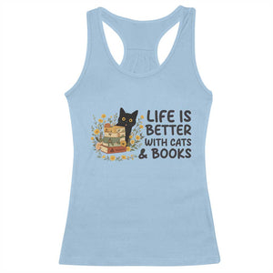 Life Is Better With Cats And Books Racerback Tank Top Funny Black Cat Book Lover TS12 Light Blue Print Your Wear