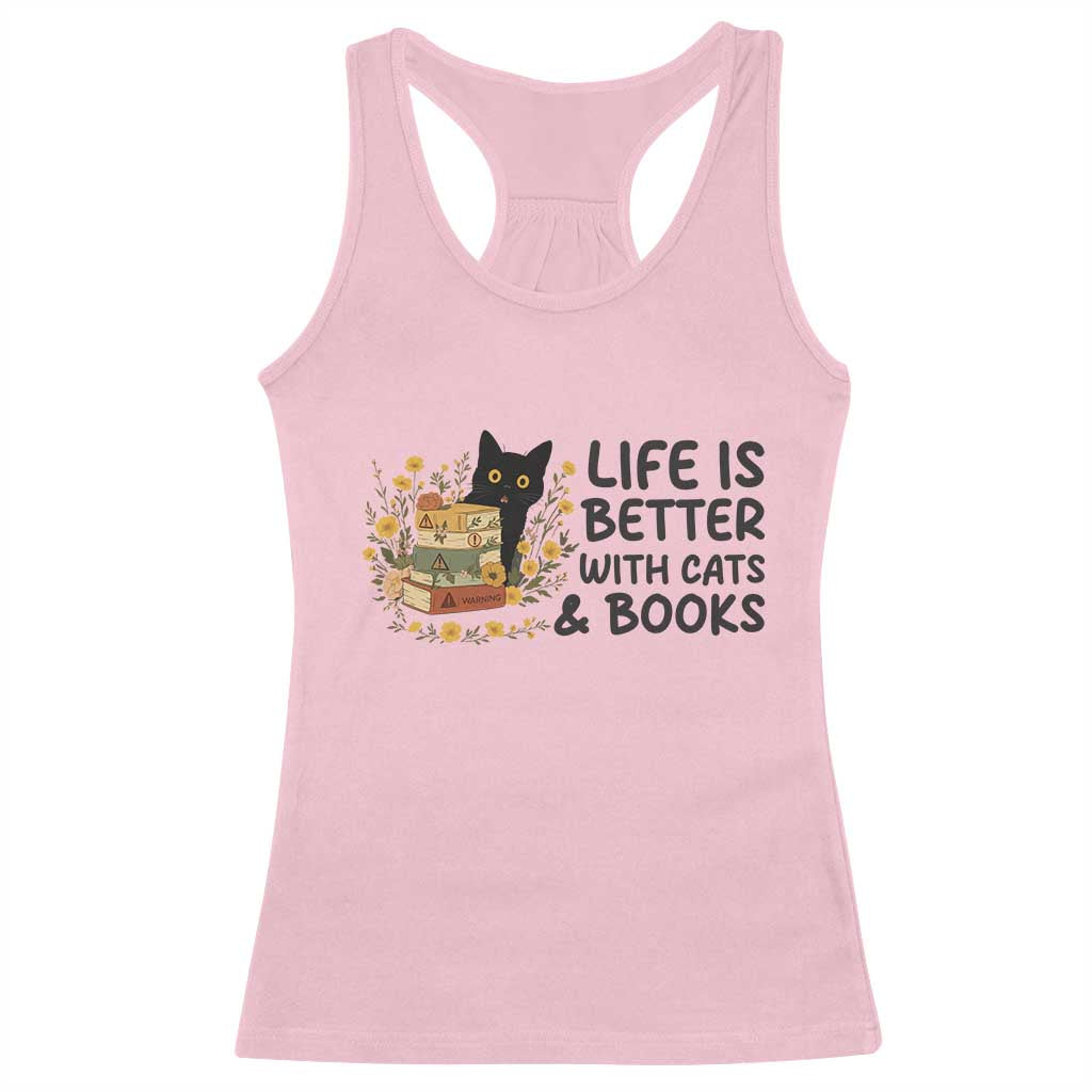 Life Is Better With Cats And Books Racerback Tank Top Funny Black Cat Book Lover TS12 Light Pink Print Your Wear