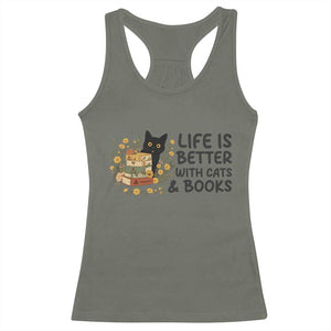 Life Is Better With Cats And Books Racerback Tank Top Funny Black Cat Book Lover TS12 Military Green Print Your Wear