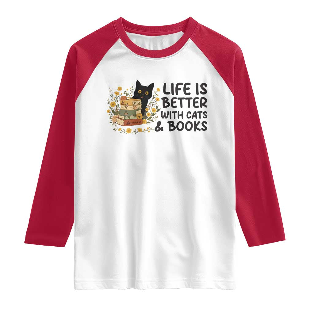 Life Is Better With Cats And Books Raglan Shirt Funny Black Cat Book Lover TS12 White Red Print Your Wear