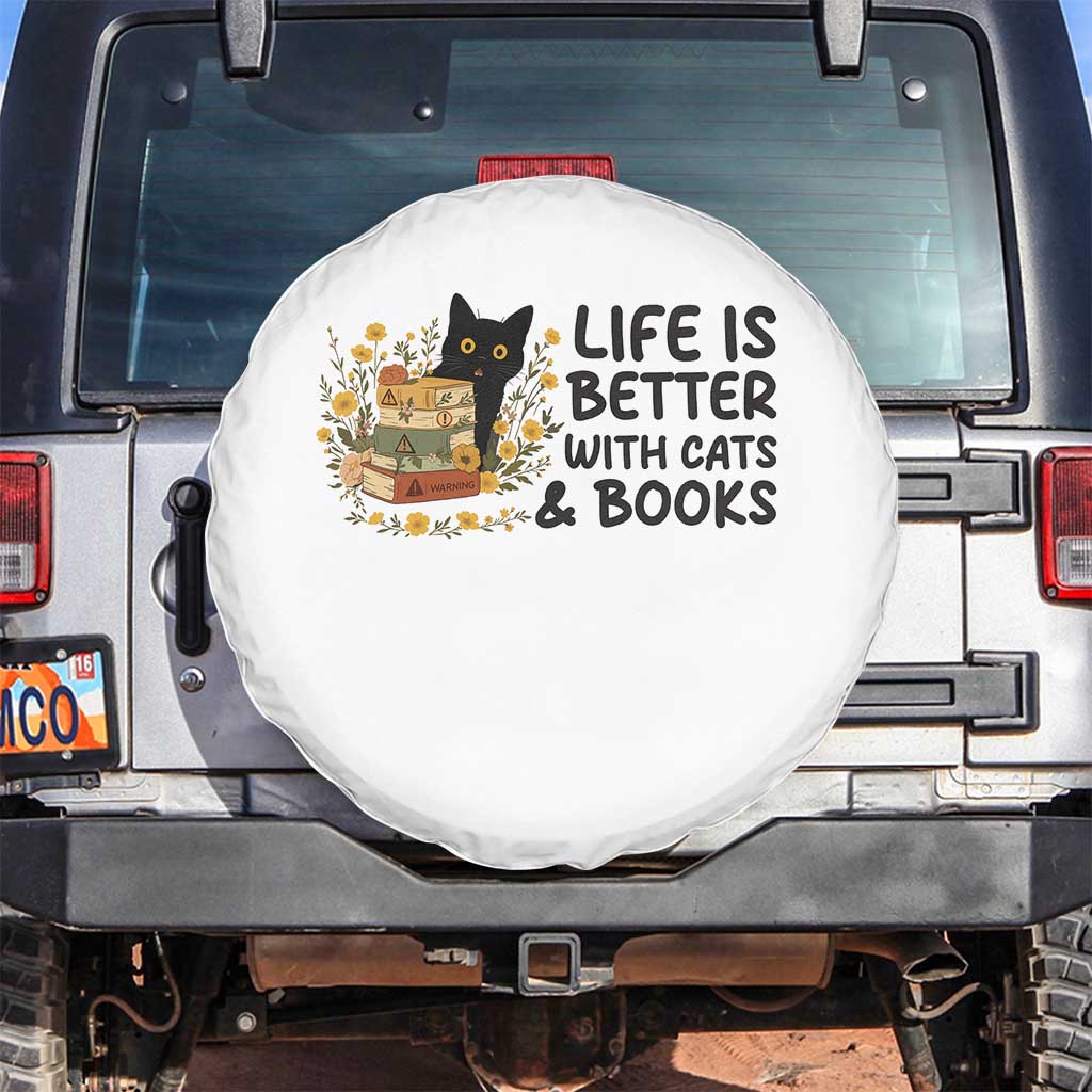 Life Is Better With Cats And Books Spare Tire Cover Funny Black Cat Book Lover TS12 No hole White Print Your Wear