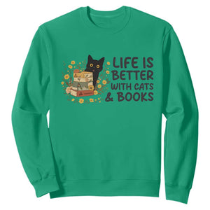 Life Is Better With Cats And Books Sweatshirt Funny Black Cat Book Lover TS12 Irish Green Print Your Wear
