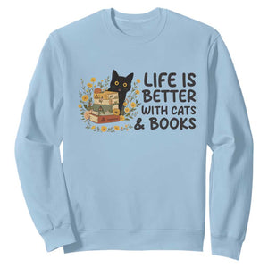 Life Is Better With Cats And Books Sweatshirt Funny Black Cat Book Lover TS12 Light Blue Print Your Wear