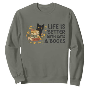 Life Is Better With Cats And Books Sweatshirt Funny Black Cat Book Lover TS12 Military Green Print Your Wear
