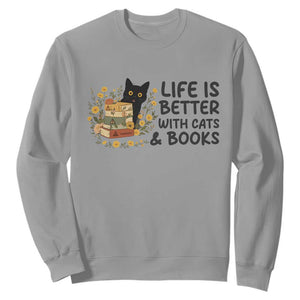 Life Is Better With Cats And Books Sweatshirt Funny Black Cat Book Lover TS12 Sport Gray Print Your Wear