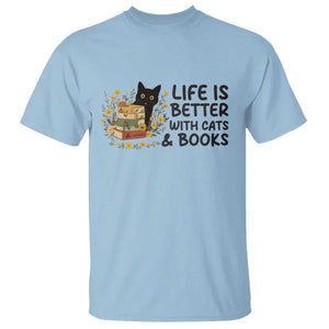 Life Is Better With Cats And Books T Shirt Funny Black Cat Book Lover TS12 Light Blue Print Your Wear