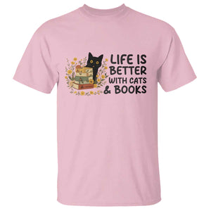 Life Is Better With Cats And Books T Shirt Funny Black Cat Book Lover TS12 Light Pink Print Your Wear