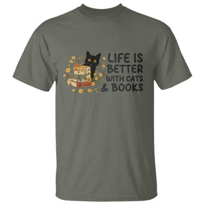 Life Is Better With Cats And Books T Shirt Funny Black Cat Book Lover TS12 Military Green Print Your Wear