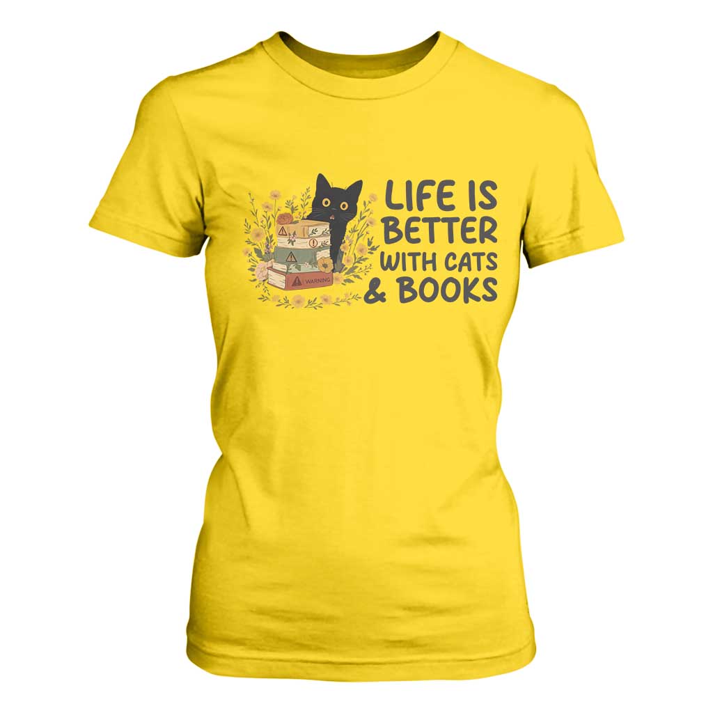 Life Is Better With Cats And Books T Shirt For Women Funny Black Cat Book Lover TS12 Daisy Print Your Wear