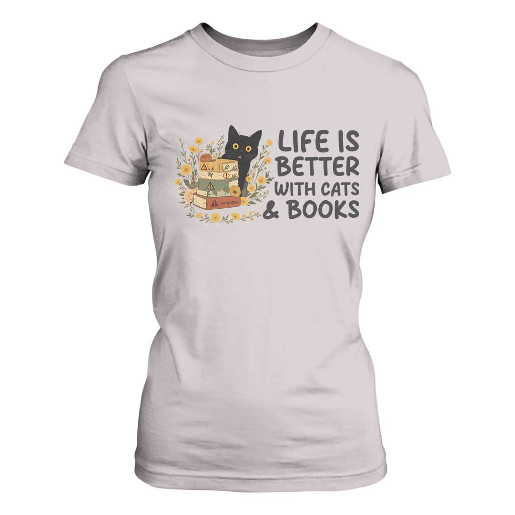 Life Is Better With Cats And Books T Shirt For Women Funny Black Cat Book Lover TS12 Ice Gray Print Your Wear