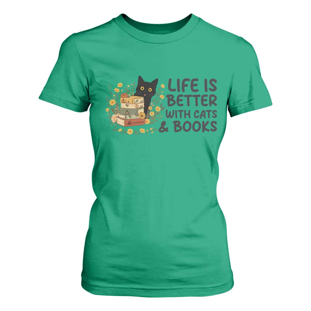 Life Is Better With Cats And Books T Shirt For Women Funny Black Cat Book Lover TS12 Irish Green Print Your Wear