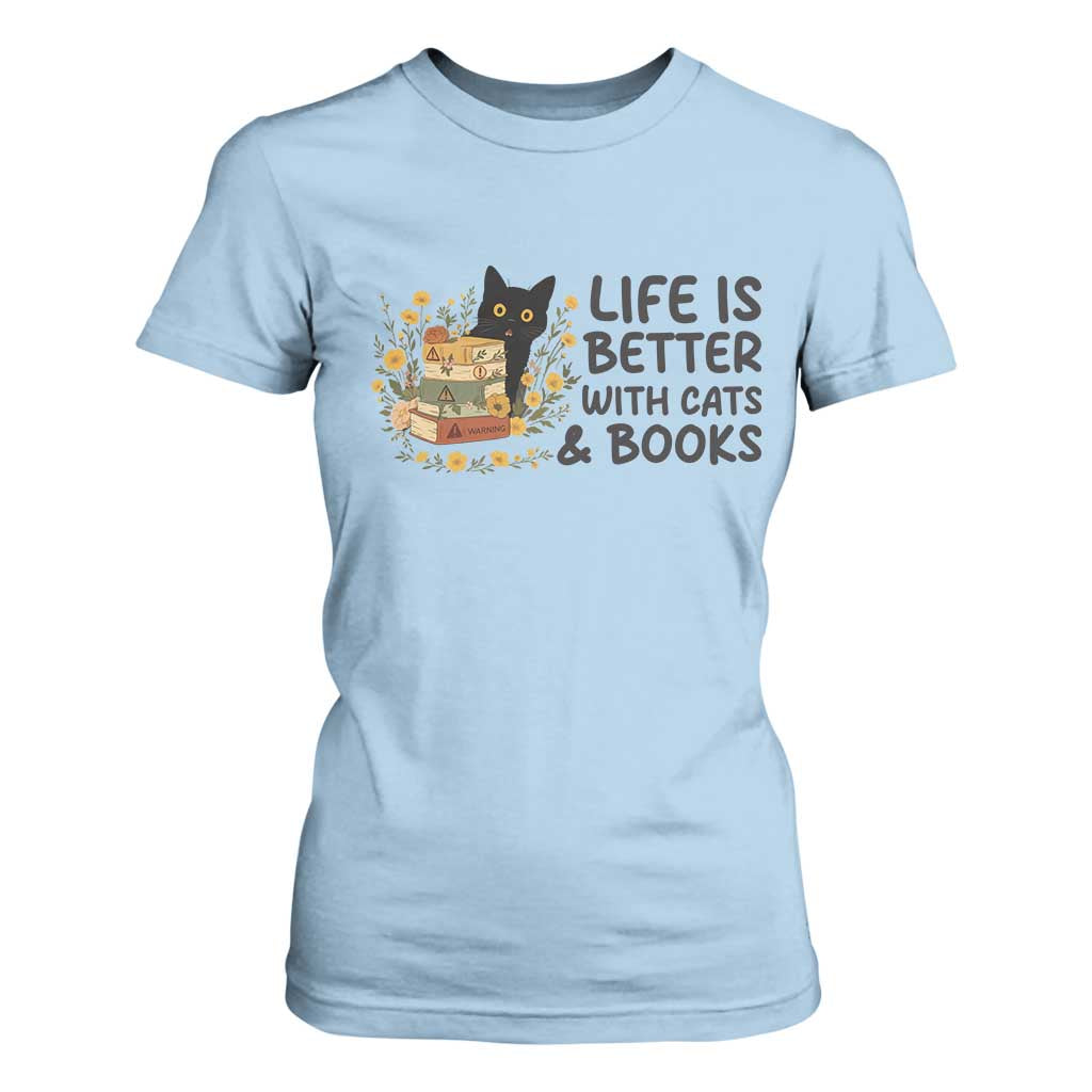 Life Is Better With Cats And Books T Shirt For Women Funny Black Cat Book Lover TS12 Light Blue Print Your Wear