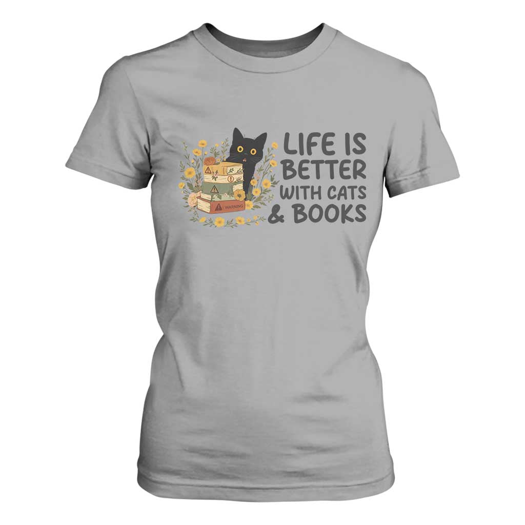 Life Is Better With Cats And Books T Shirt For Women Funny Black Cat Book Lover TS12 Sport Gray Print Your Wear