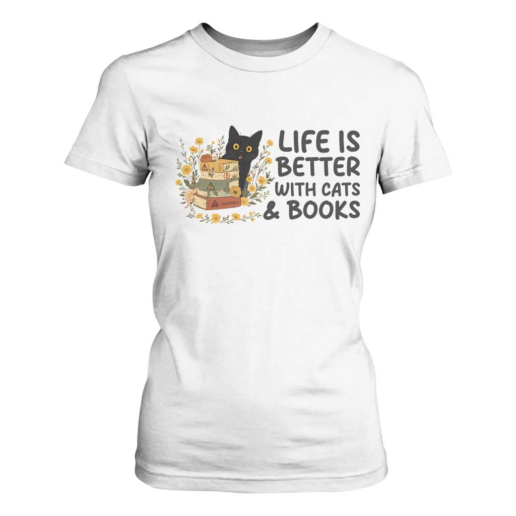 Life Is Better With Cats And Books T Shirt For Women Funny Black Cat Book Lover TS12 White Print Your Wear