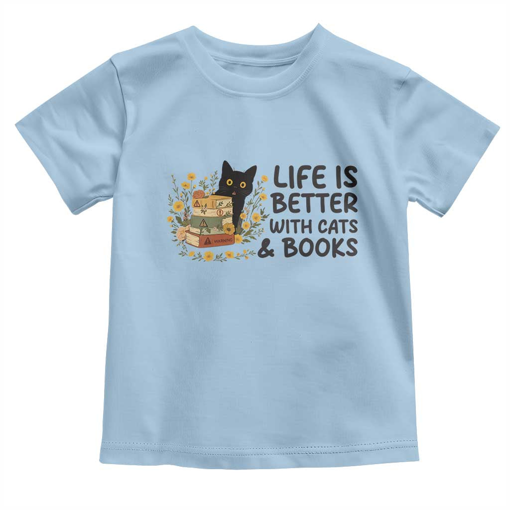Life Is Better With Cats And Books Toddler T Shirt Funny Black Cat Book Lover TS12 Light Blue Print Your Wear
