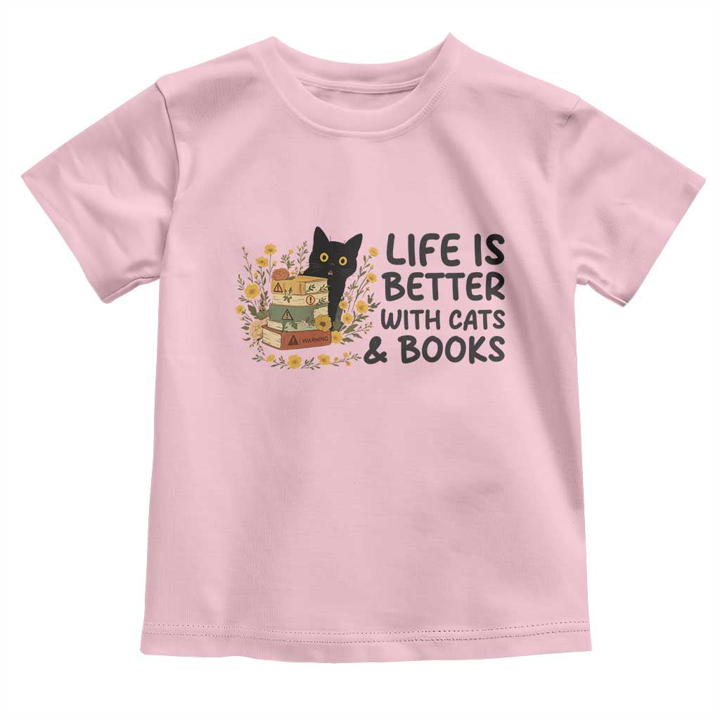 Life Is Better With Cats And Books Toddler T Shirt Funny Black Cat Book Lover TS12 Light Pink Print Your Wear