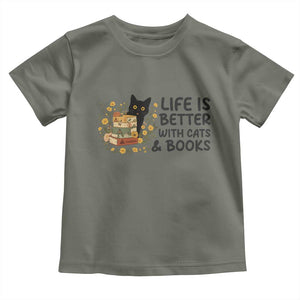 Life Is Better With Cats And Books Toddler T Shirt Funny Black Cat Book Lover TS12 Military Green Print Your Wear