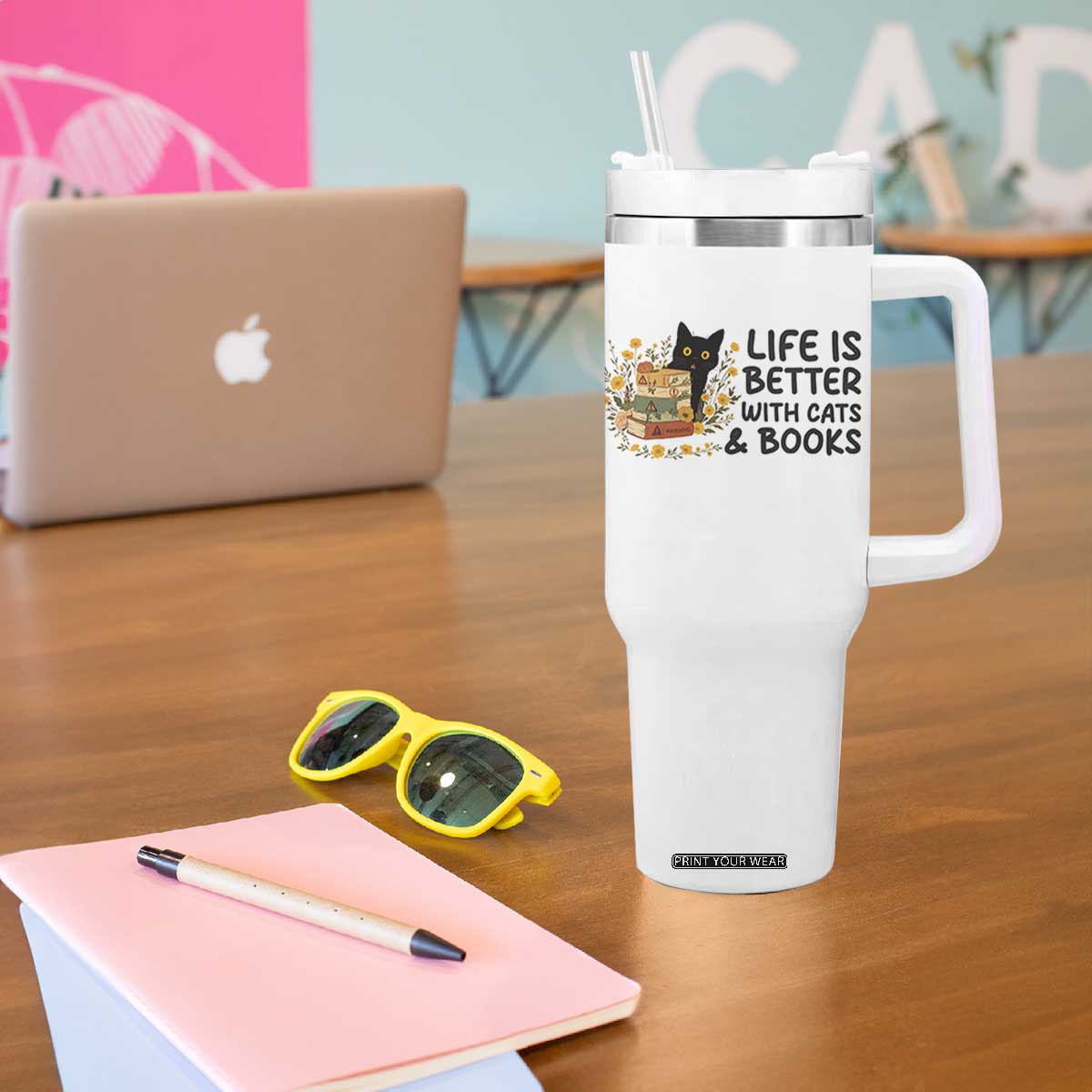Life Is Better With Cats And Books Tumbler With Handle Funny Black Cat Book Lover TS12 Print Your Wear