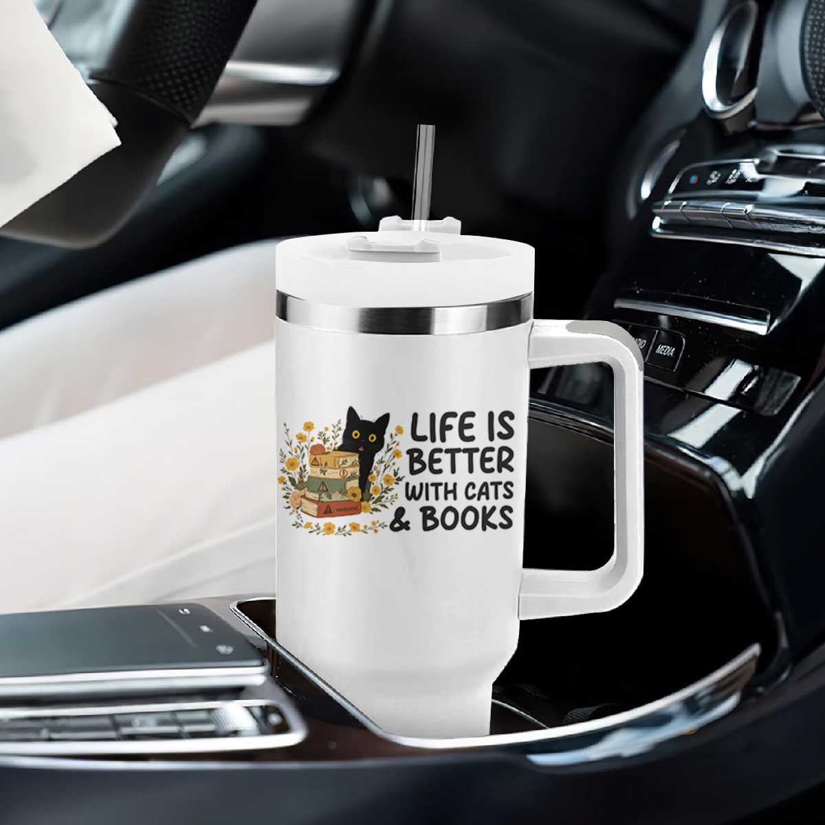 Life Is Better With Cats And Books Tumbler With Handle Funny Black Cat Book Lover TS12 Print Your Wear