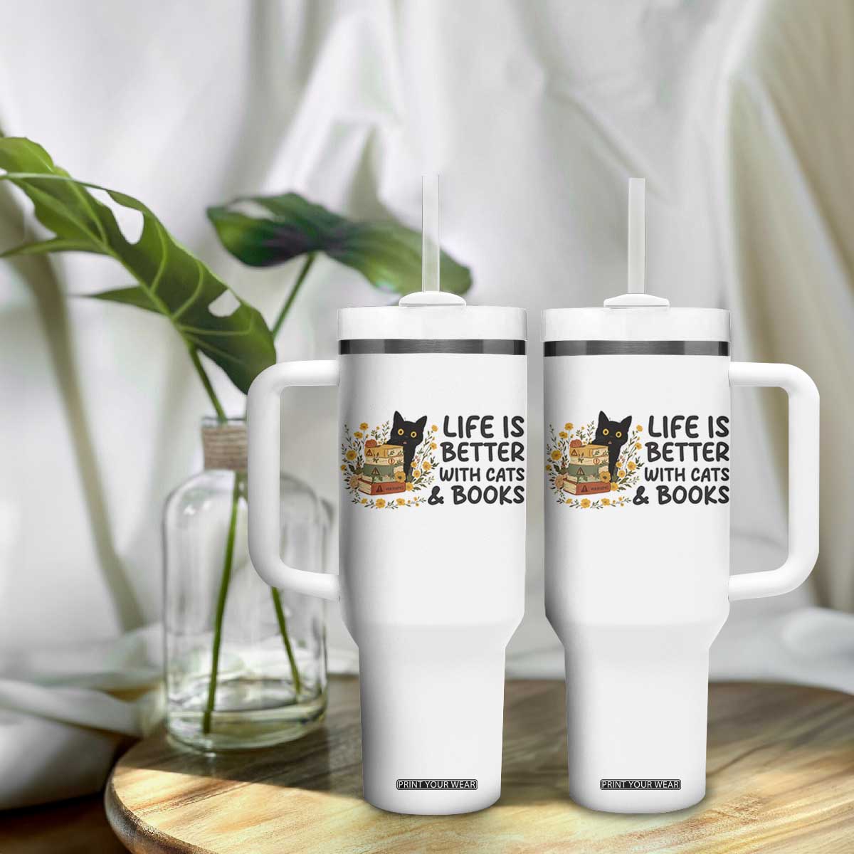 Life Is Better With Cats And Books Tumbler With Handle Funny Black Cat Book Lover TS12 Print Your Wear