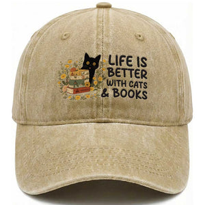 Life Is Better With Cats And Books Washed Cotton Baseball Cap Funny Black Cat Book Lover TS12 Print Your Wear
